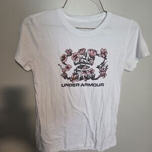 Under Armour White Short Sleeve Tee with Pink Floral Logo Print